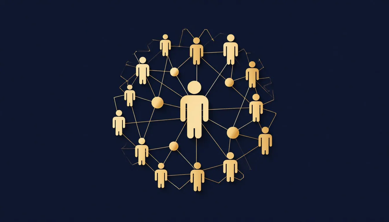 Circle of connected human silhouettes linked by lines, symbolizing the social bonds and groups sociology studies.