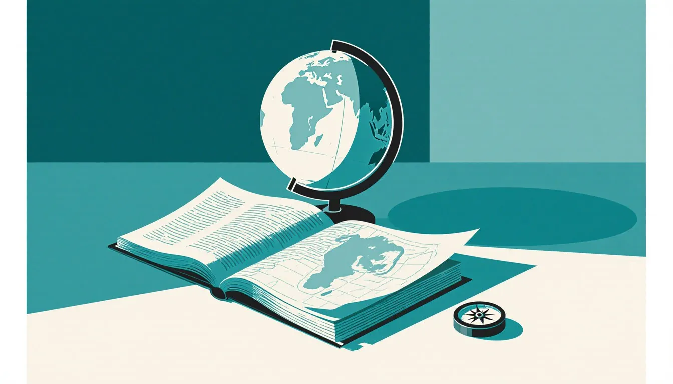 A globe, an open book, and a folded map with a compass, symbolizing the study of social studies