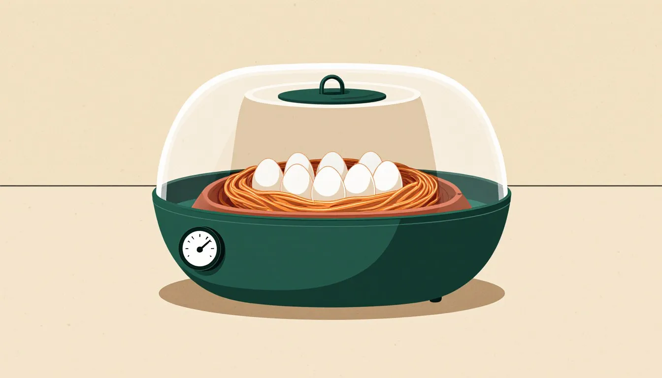 Illustration of duck eggs nestled in a tabletop incubator tray beside a round humidity gauge.
