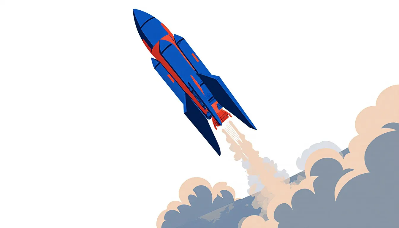 A rocket launching skyward with a billowing exhaust plume, representing India's space research program