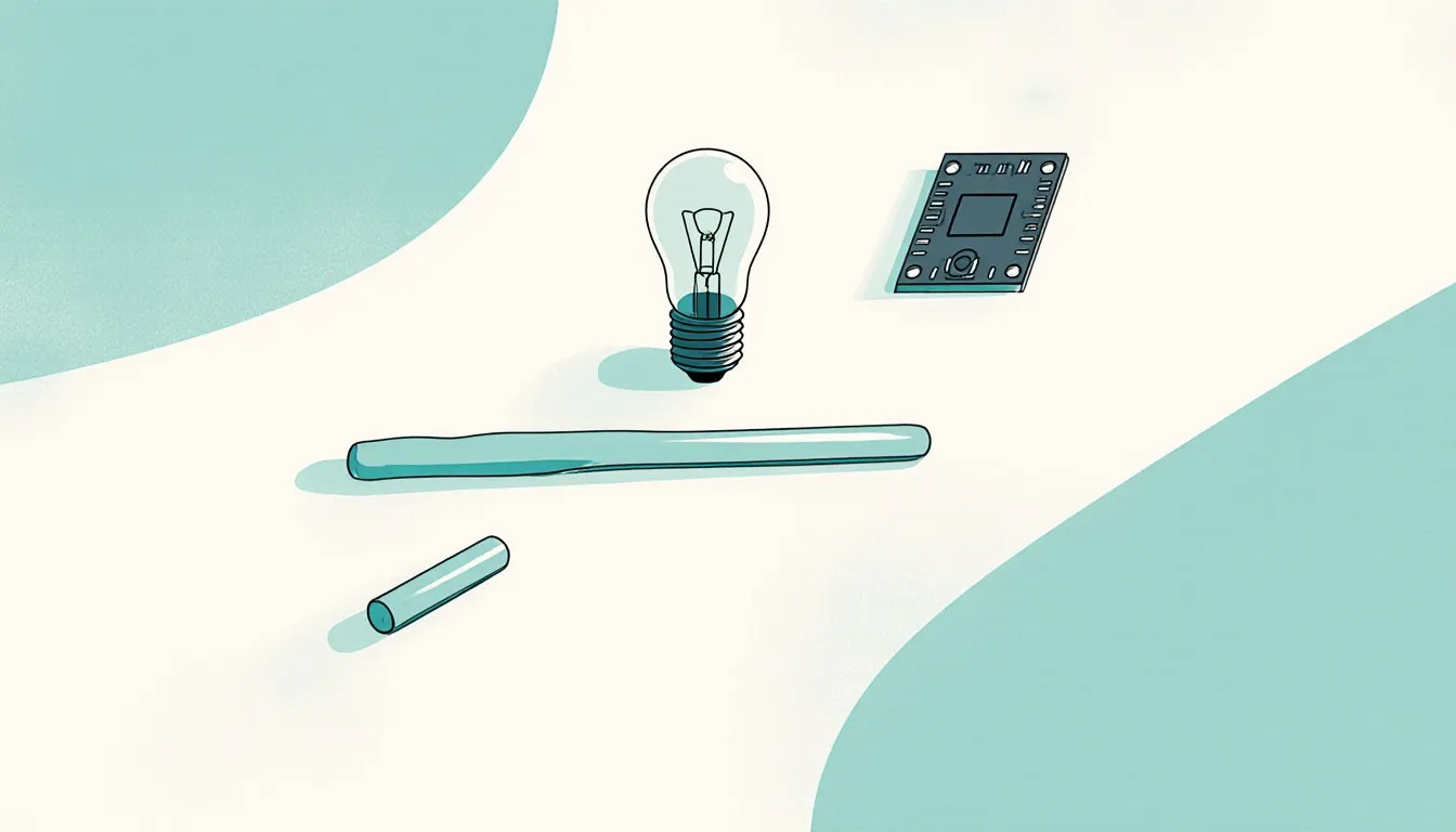 A bent bar of indium metal beside a glowing LED bulb and a soldered circuit joint, illustrating indium's industrial uses