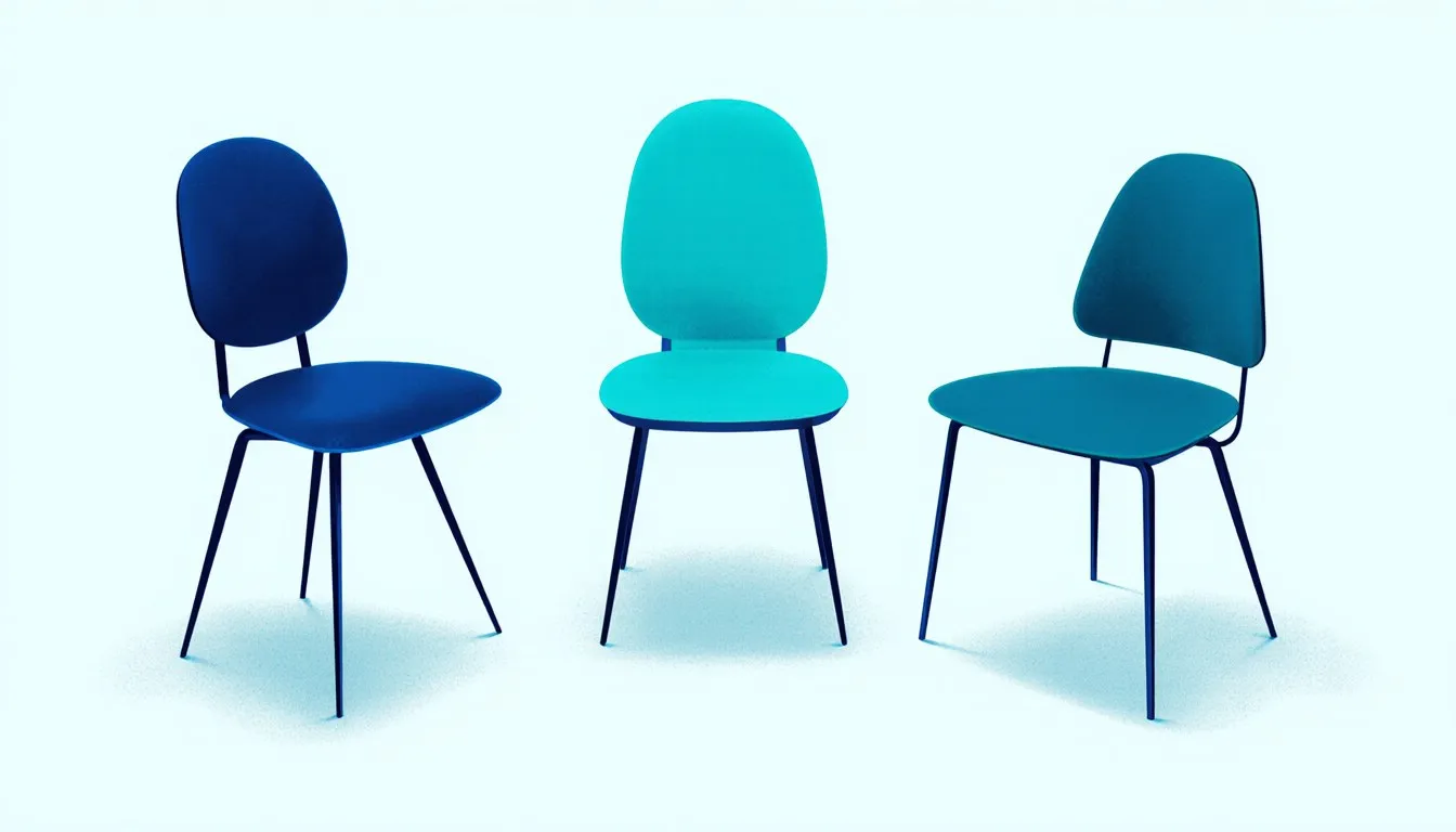 Three uniquely designed chairs spaced apart, symbolizing individual identity within a shared culture