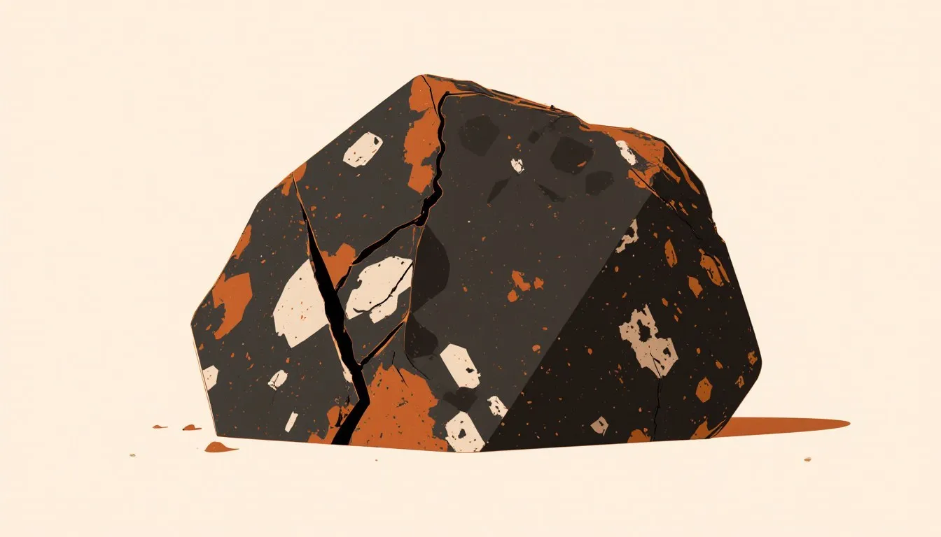 Illustration of a dark coarse-grained boulder with pale flecks and rust patches