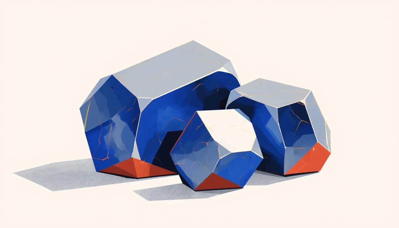 Three angular, lustrous metal ingots representing the block of inner transition metals