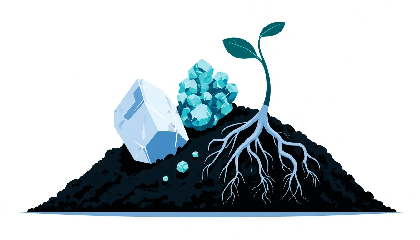 Raw mineral crystals in soil with a plant root system reaching among them, representing inorganic nutrients
