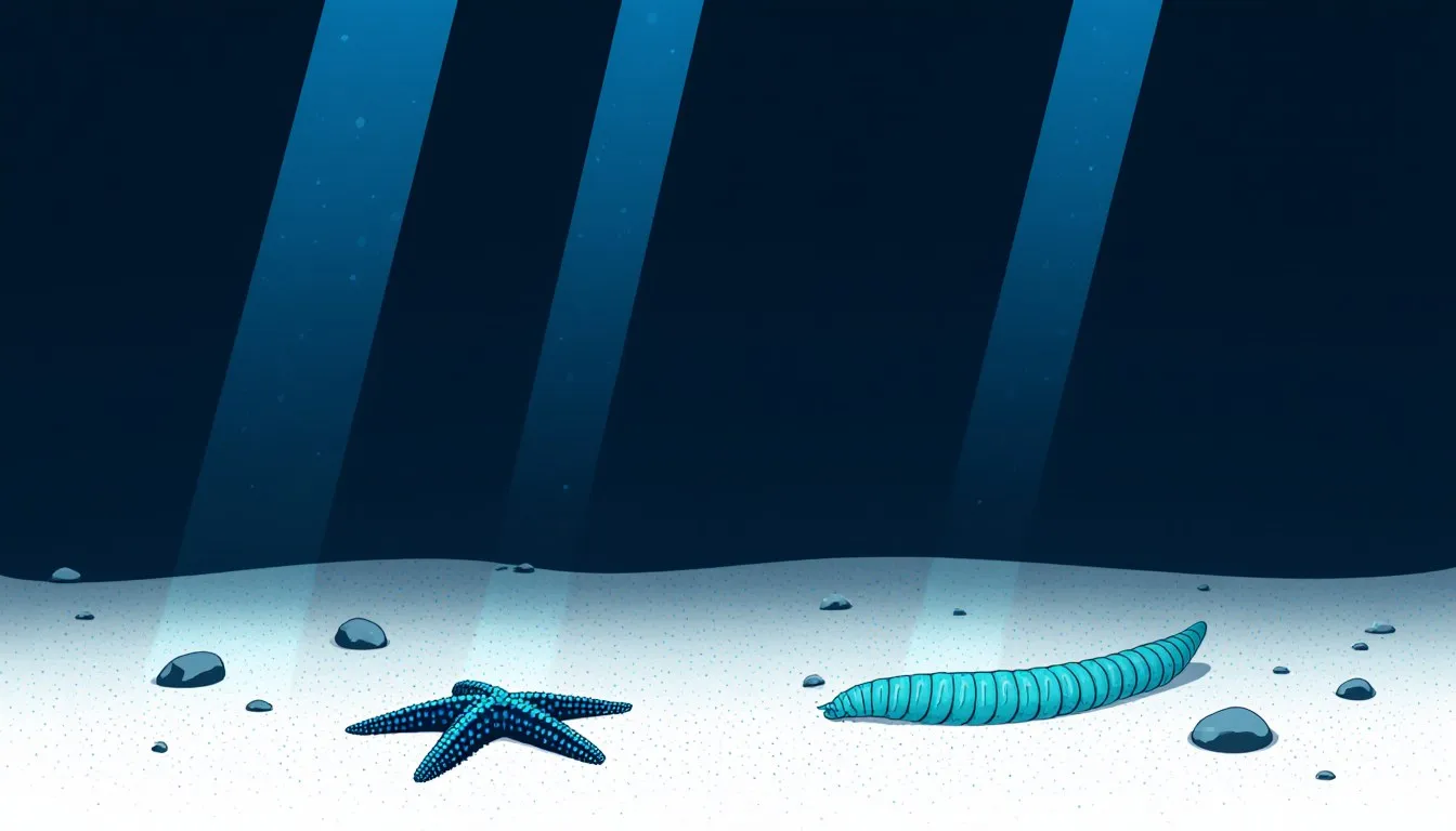 Illustration of the dark seafloor of the benthic zone, with sediment, a sea star, and a sea cucumber resting on the bottom