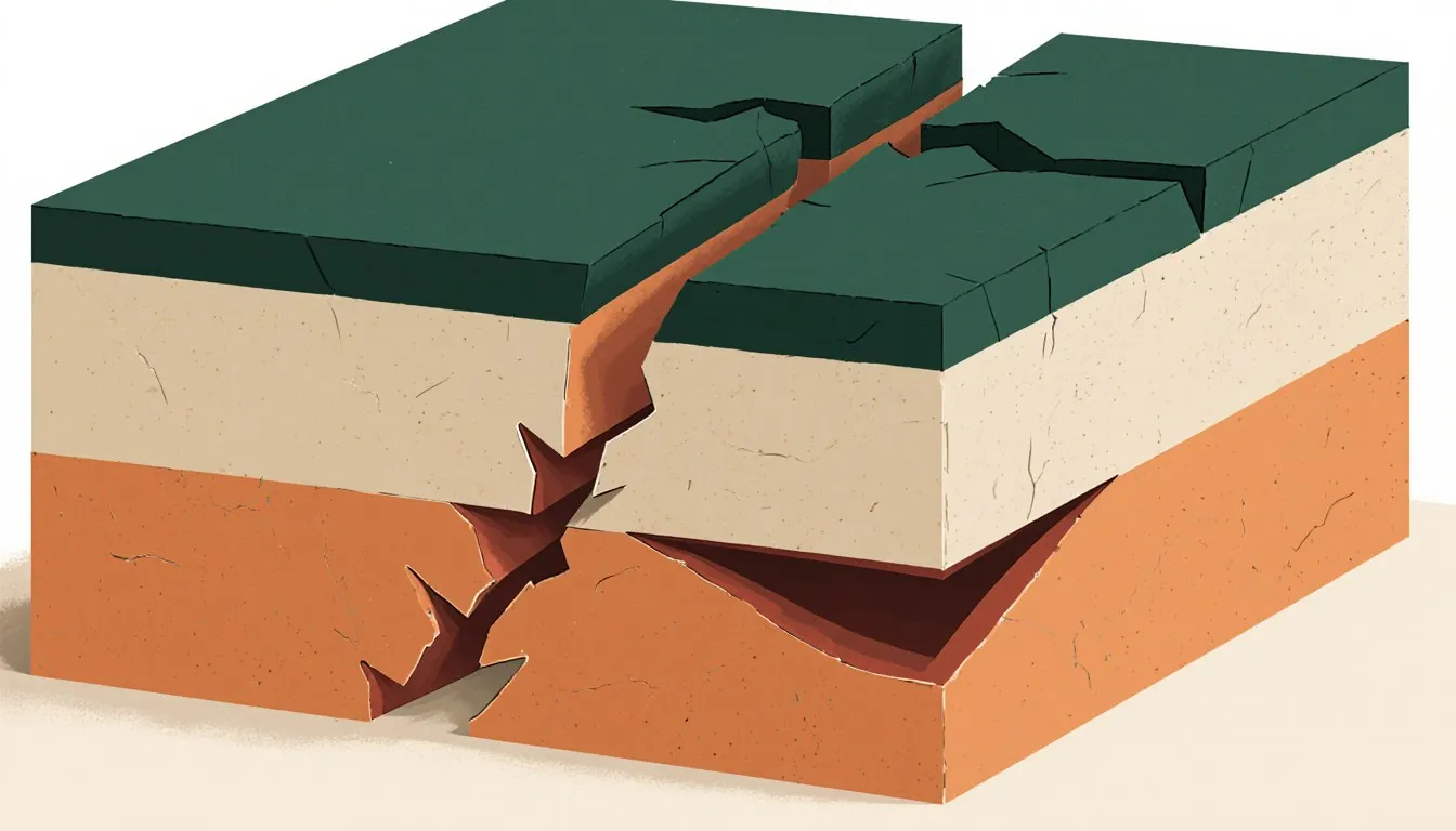 Cutaway diagram of Earth's rigid outer shell broken into large angular tectonic plate segments over the mantle