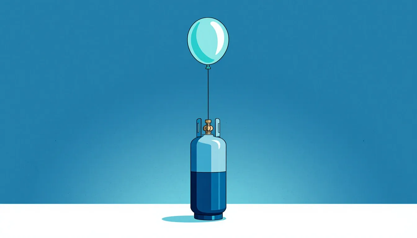A helium gas cylinder with a round balloon tied to its valve, floating just above it