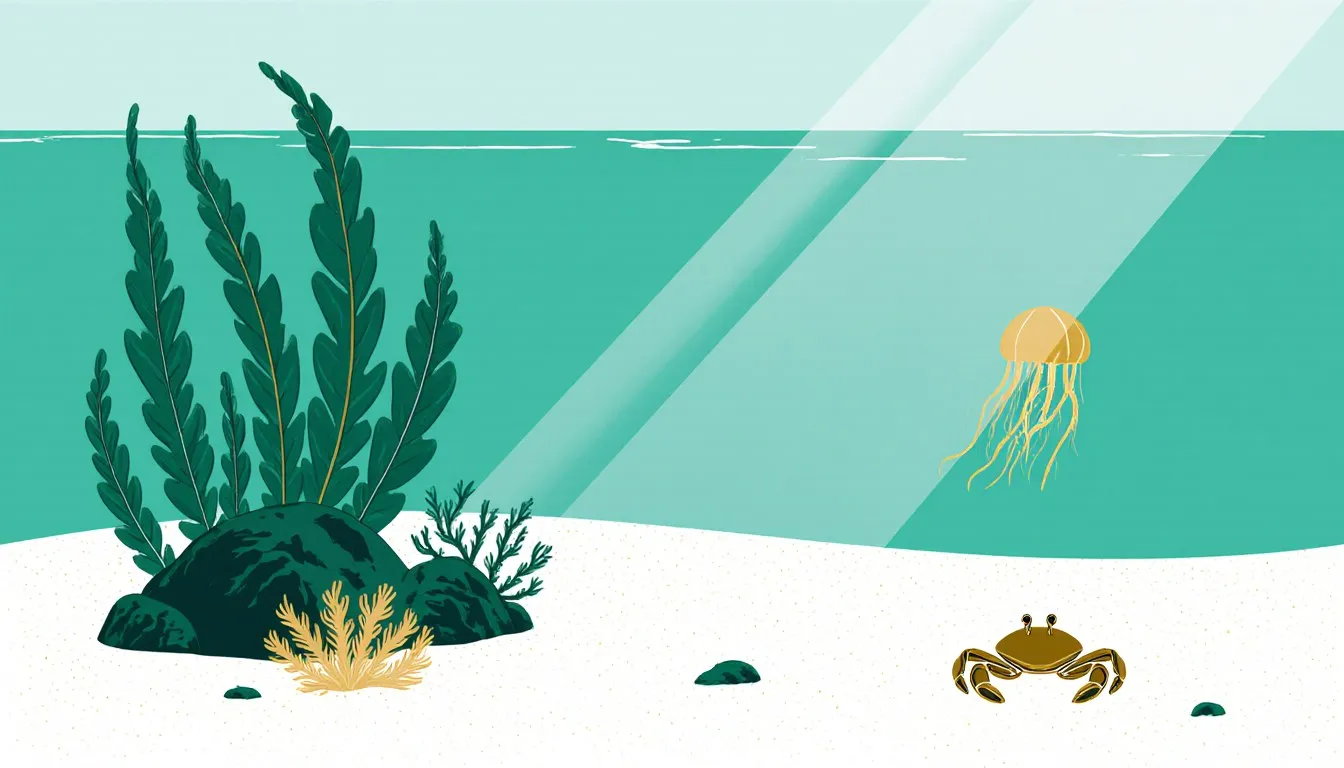 Illustration of the neritic zone's shallow sea floor with kelp, coral, a crab, and a drifting jellyfish