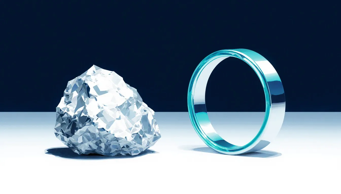 A raw platinum nugget beside a polished platinum ring, illustrating the metal's natural and refined forms.