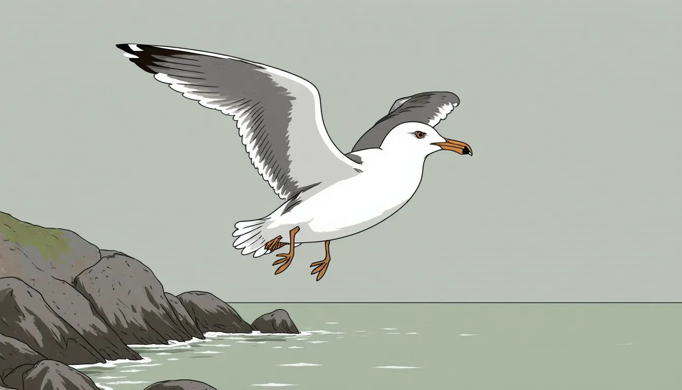 A seagull gliding over a rocky shoreline, wings spread to show its grey-and-white plumage and hooked beak.
