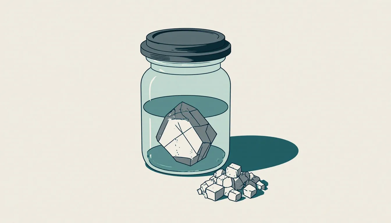 A jar of silvery sodium metal stored in kerosene beside a small mound of salt crystals