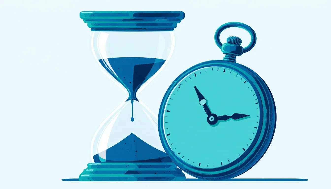 An hourglass with falling sand beside an ornate pocket watch, symbolizing philosophical questions about the nature of time
