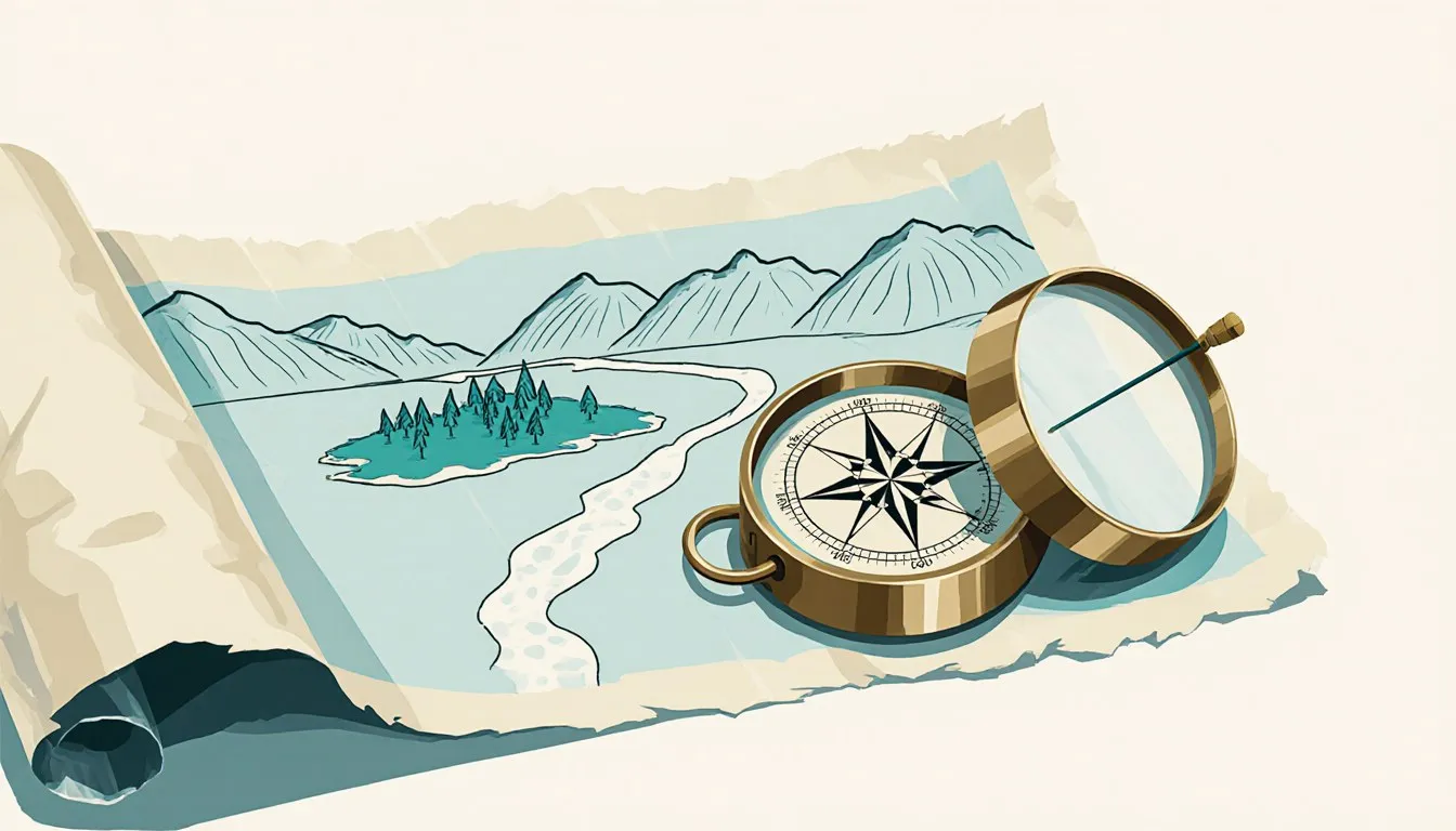 An antique compass with an eight-point rose resting on an unrolled map showing an island, stream, and mountains