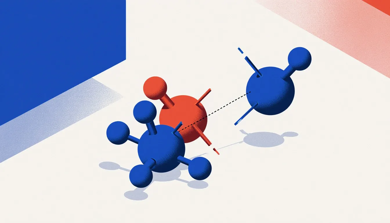 Simple ball-and-stick molecule models drawn close together, a dashed line showing the attraction between them.