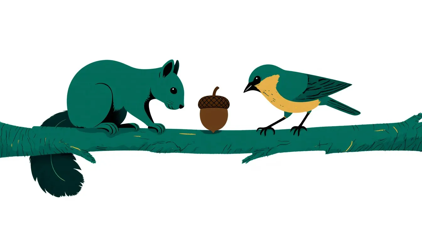 A squirrel and a bird both reach for the same acorn on a branch, illustrating interspecific competition.