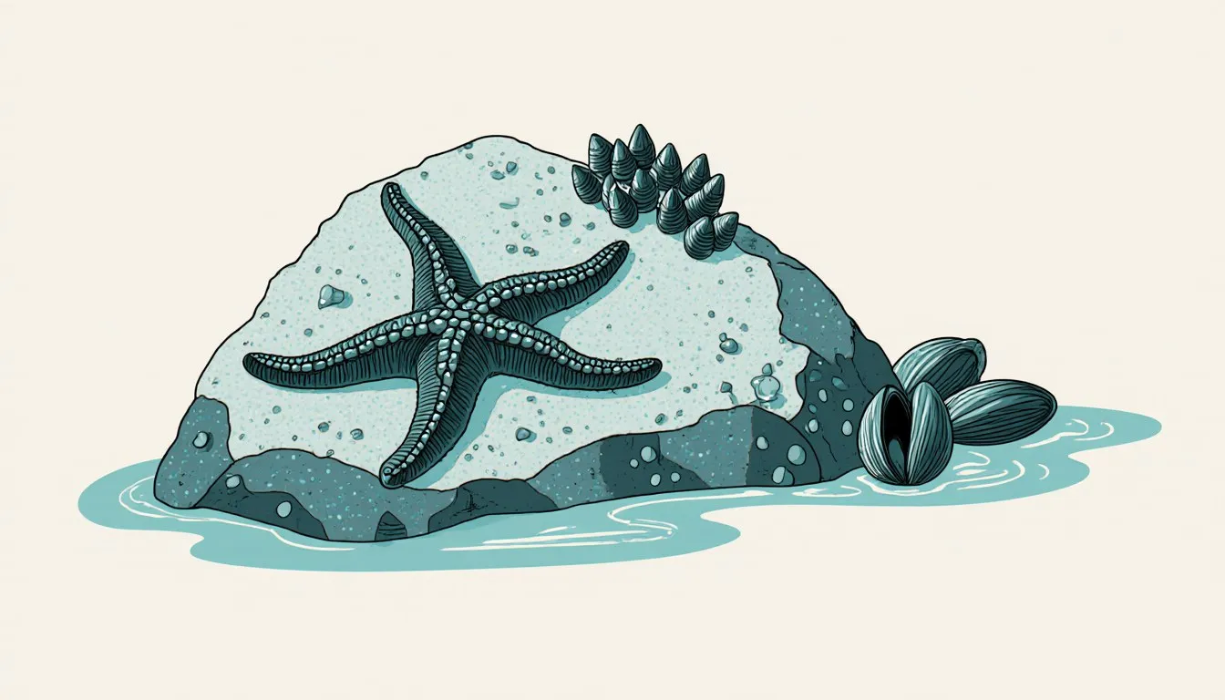 A tide pool scene with a sea star, mussel cluster, and barnacle-covered rock along a shoreline ledge.