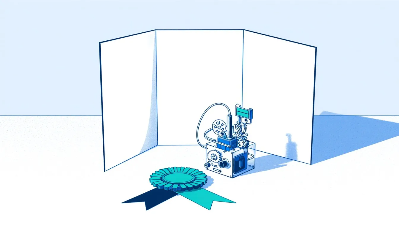A blank tri-fold display board beside a homemade gadget of gears and wires and an award ribbon, evoking an invention