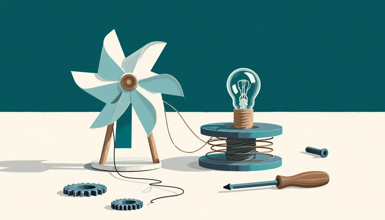 A homemade model wind turbine wired to a glowing lightbulb, with tools and gears beside it on a workbench