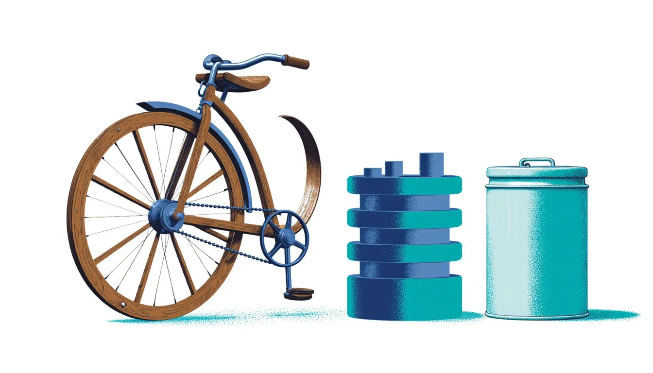 A wooden draisine bicycle, a stacked voltaic pile battery, and a tin can grouped as icons of 1800s invention