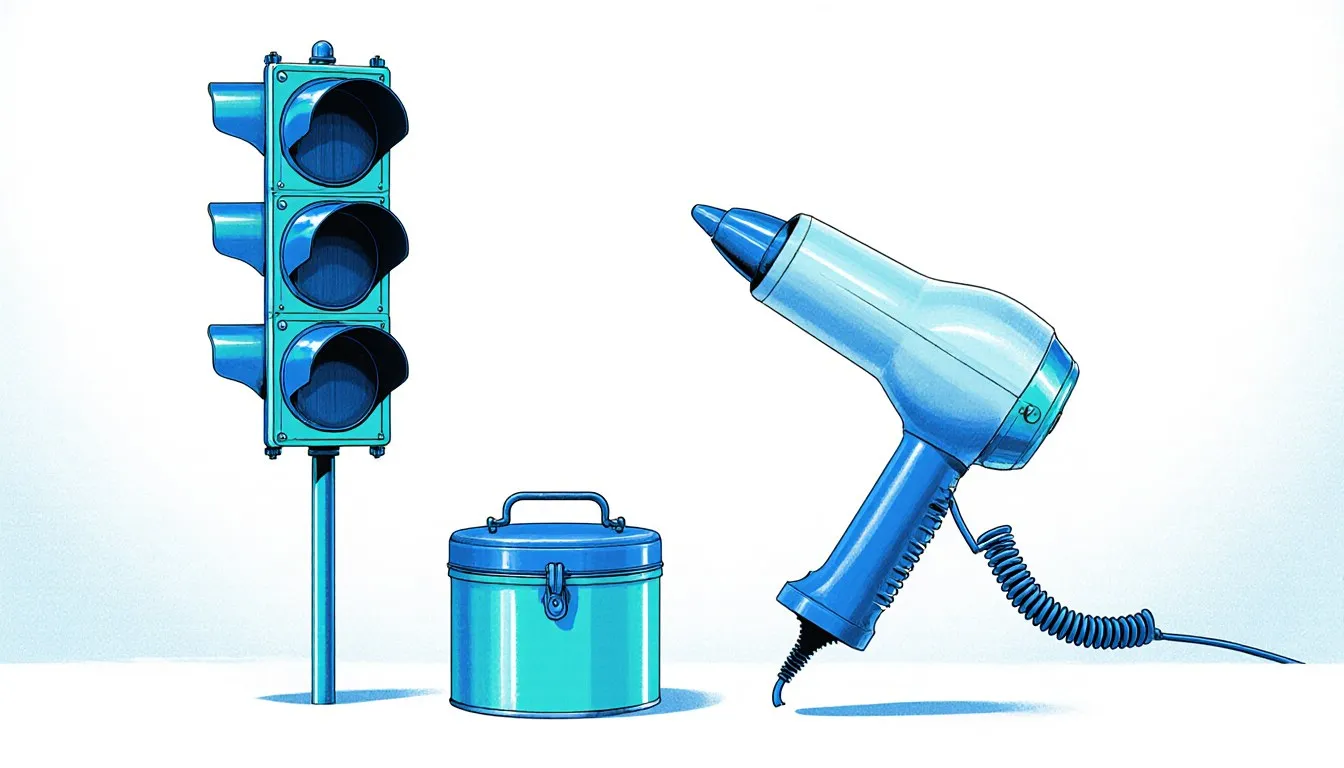 A vintage traffic signal, bandage tin, and handheld hair dryer grouped together, representing 1920s inventions