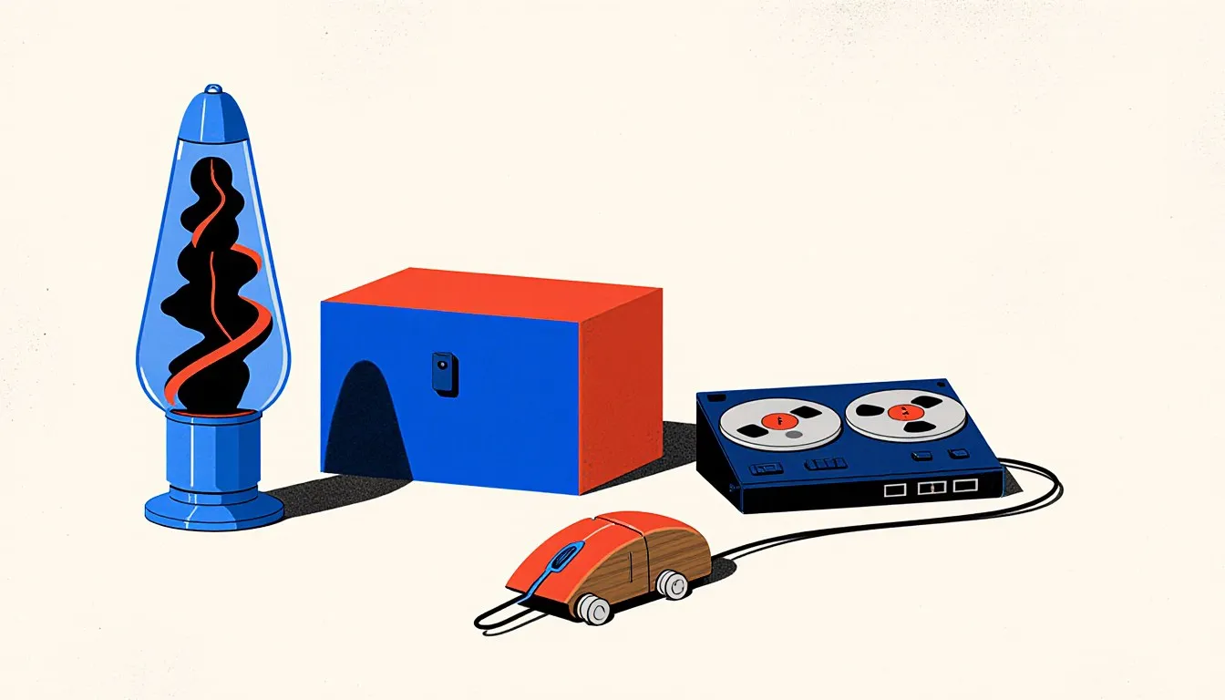 Still life of a 1960s computer mouse prototype, lava lamp, and reel-to-reel tape recorder