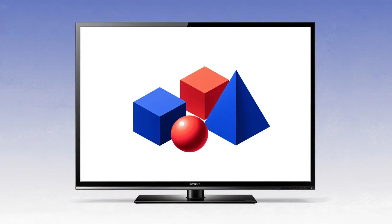 A television screen with geometric shapes floating outward, illustrating glasses-free 3-D display technology.