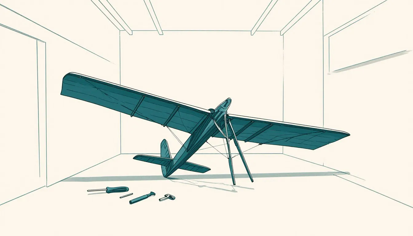 An antique wooden-and-fabric glider tilts precariously in a bare workshop, evoking inventors killed by their own creations.