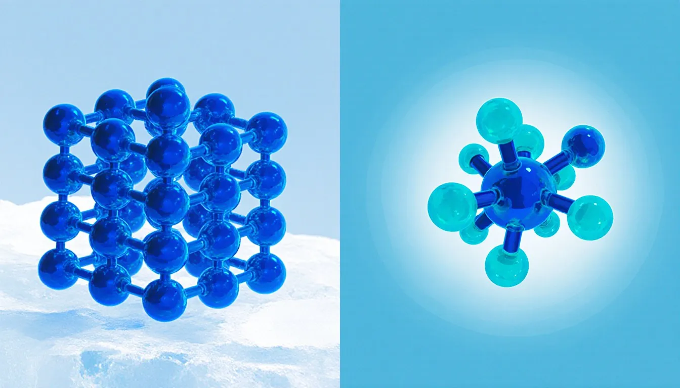 An ionic compound's cube-shaped crystal lattice beside a molecular compound's ball-and-stick molecule structure