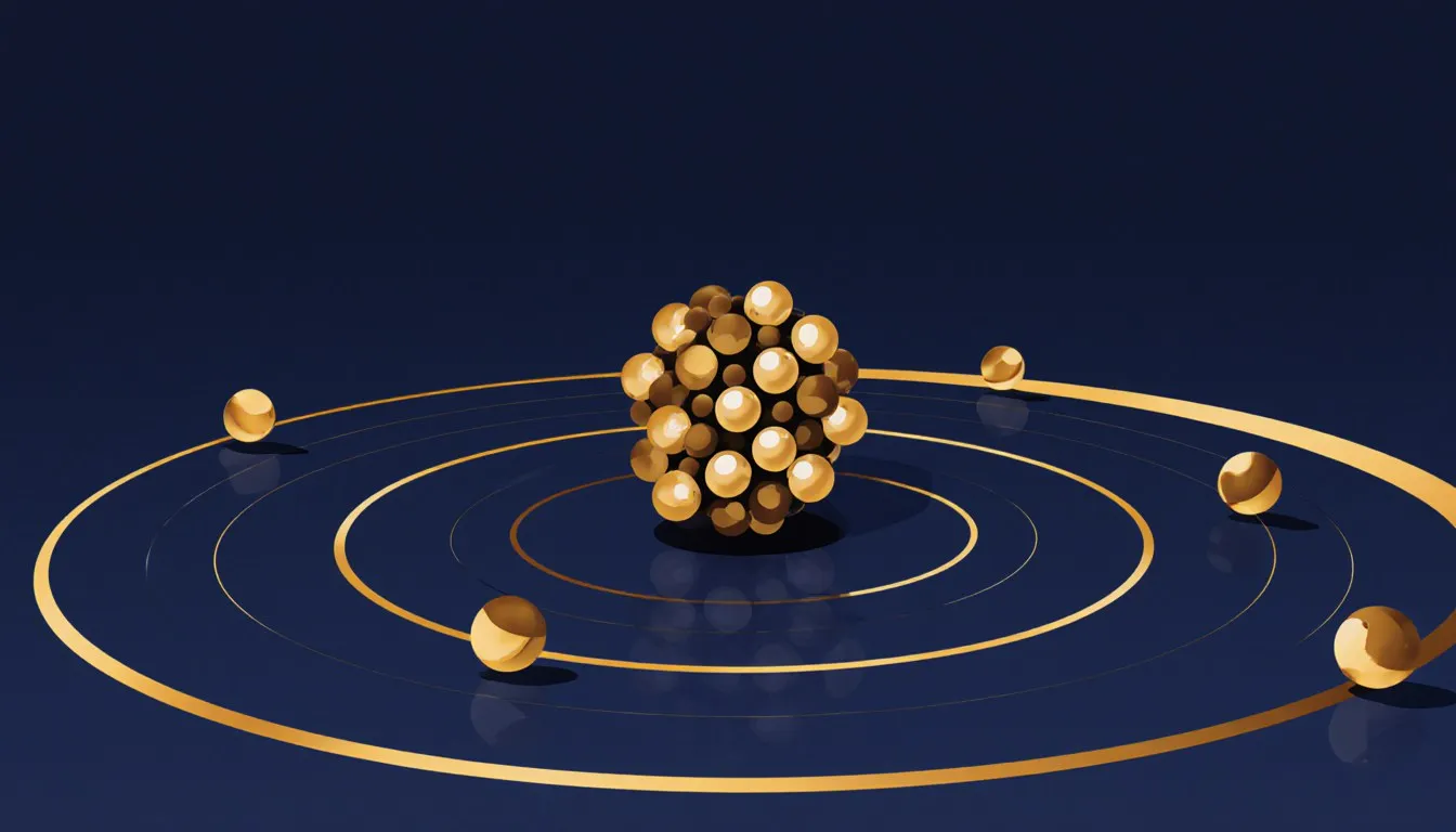 Stylized diagram of a carbon atom, showing its nucleus of protons and neutrons encircled by electron orbits
