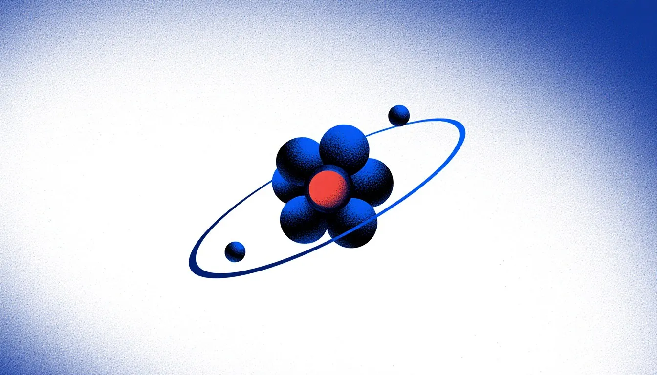 Stylized illustration of an atom's nucleus, its clustered protons and neutrons encircled by a single electron orbit