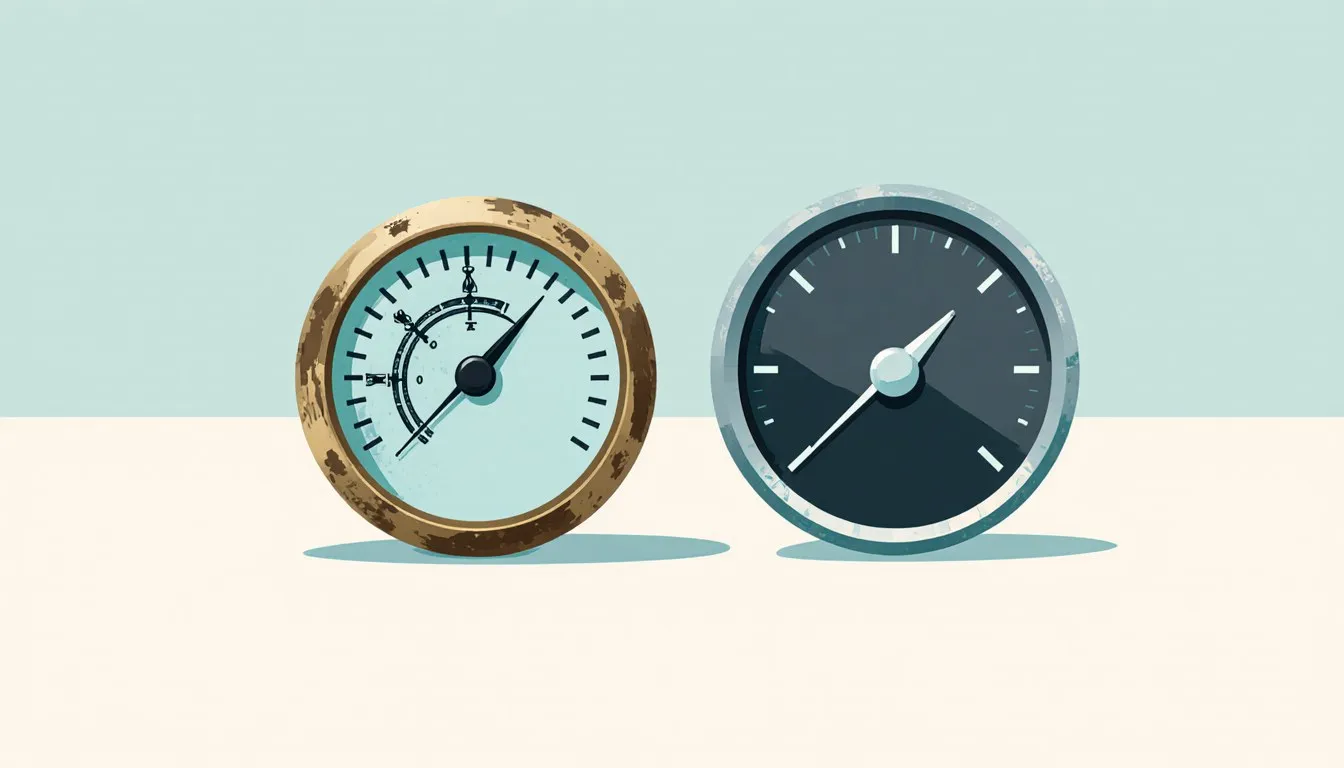 A brass nautical speed gauge beside a car speedometer dial, representing knots versus miles per hour.