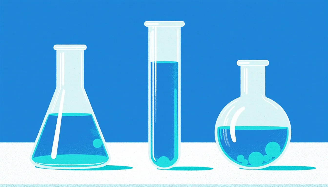 Flat illustration of a conical flask, a tall cylinder, and a round-bottom flask lined up on a bench