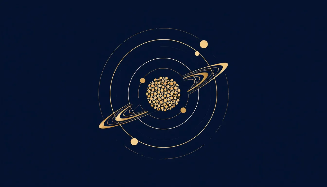 Illustration of an atom's Bohr model with a central nucleus and electrons orbiting in concentric rings