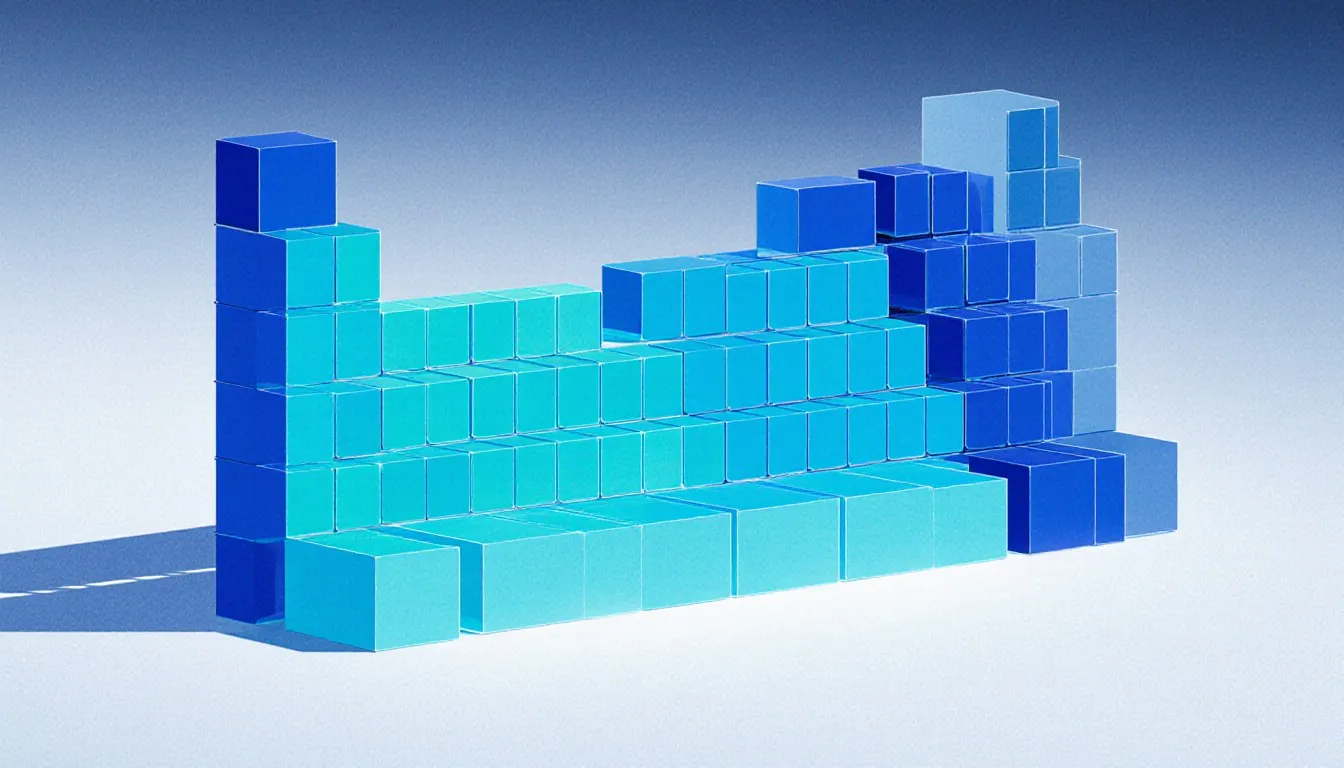 Stylized periodic table shown as a grid of color-coded blocks in its classic stepped layout