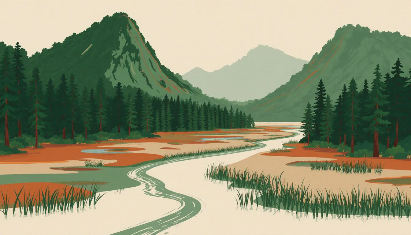 A tropical rainforest landscape with a forested mountain, river valley, wetland, and flood plain.