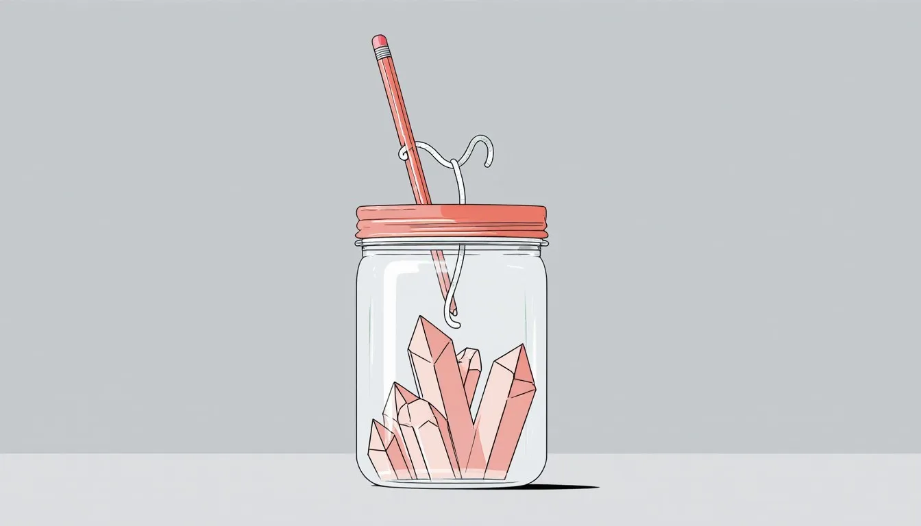 Illustration of pink crystals growing on a string in a mason jar with a pencil across the rim