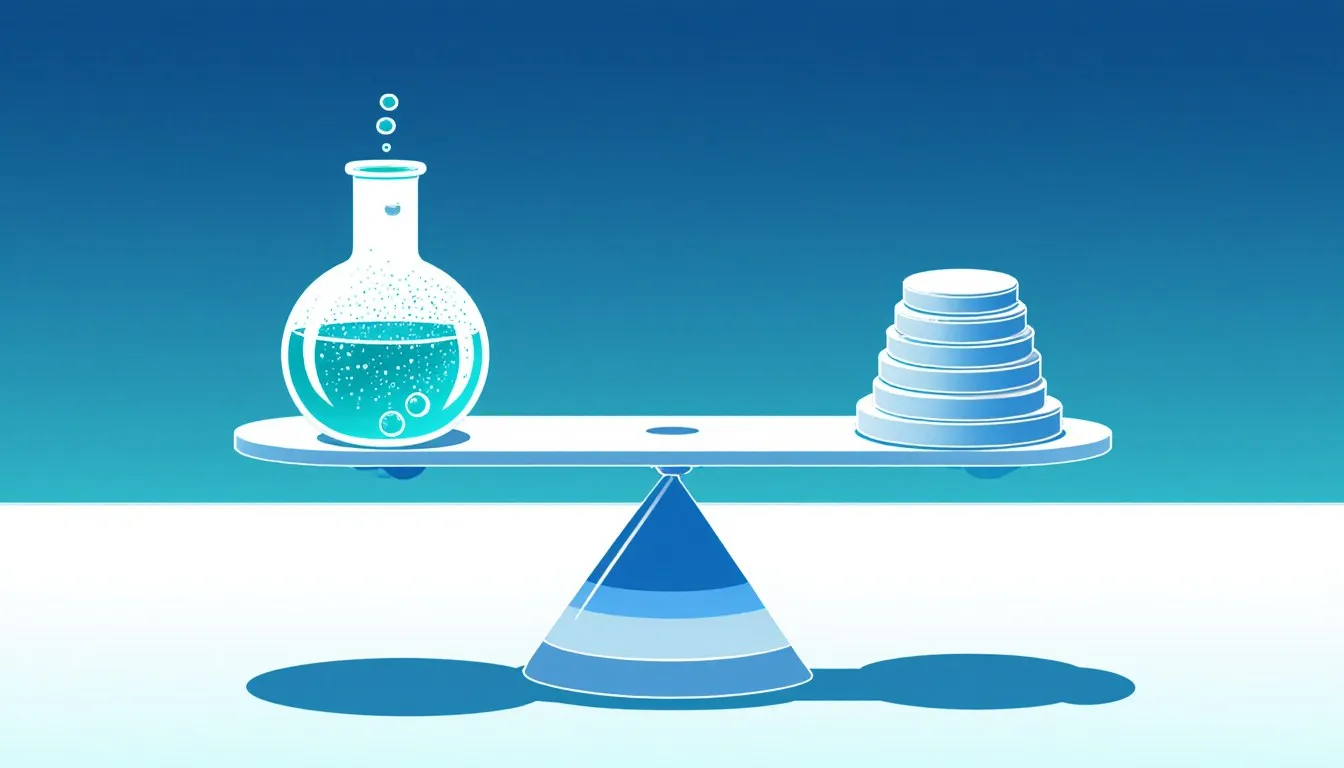 A bubbling sealed flask balanced evenly against weights on a laboratory scale, illustrating conservation of mass.