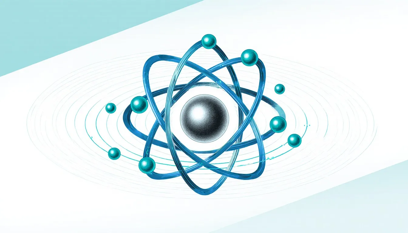 Stylized atomic diagram showing a dense silvery nucleus encircled by electron shells, representing lawrencium