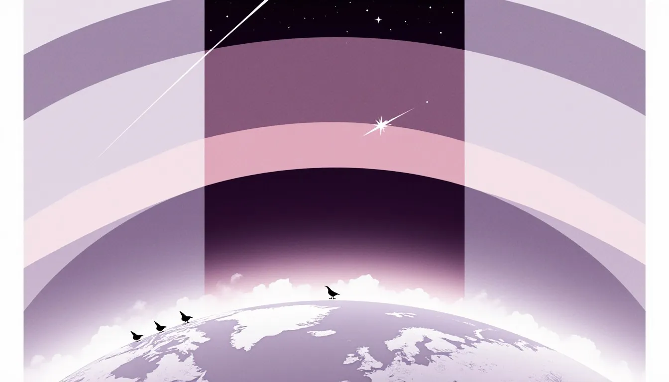 Stylized cross-section of Earth's atmosphere rising in distinct layered bands from the horizon into space