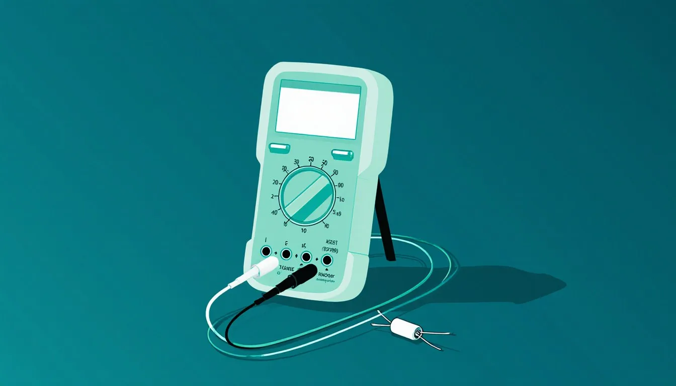 Illustration of a handheld LCR meter with probes clipped to a small electronic component