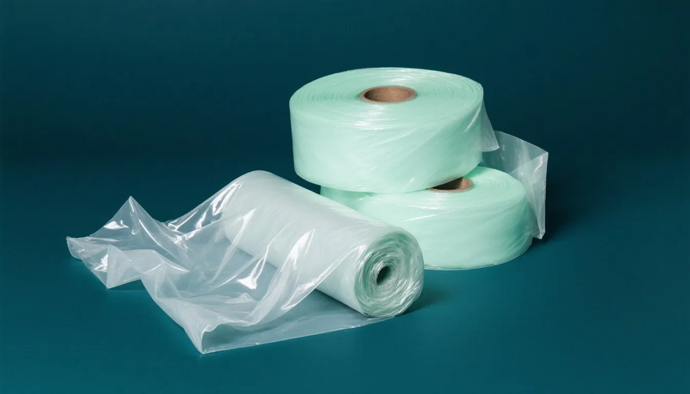 Two rolls of translucent, milky-white plastic sheeting, one looser and one denser, representing LDPE and HDPE film