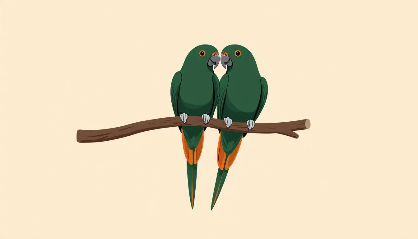 Illustration of two green lovebirds perched close together on a branch