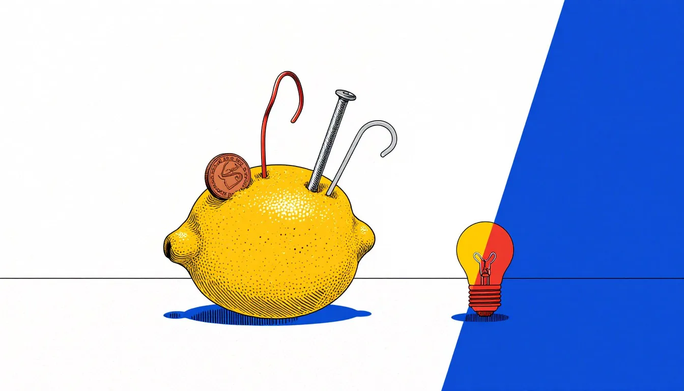 A lemon with a copper coin and zinc nail inserted, wired to a glowing LED, illustrating a lemon battery experiment