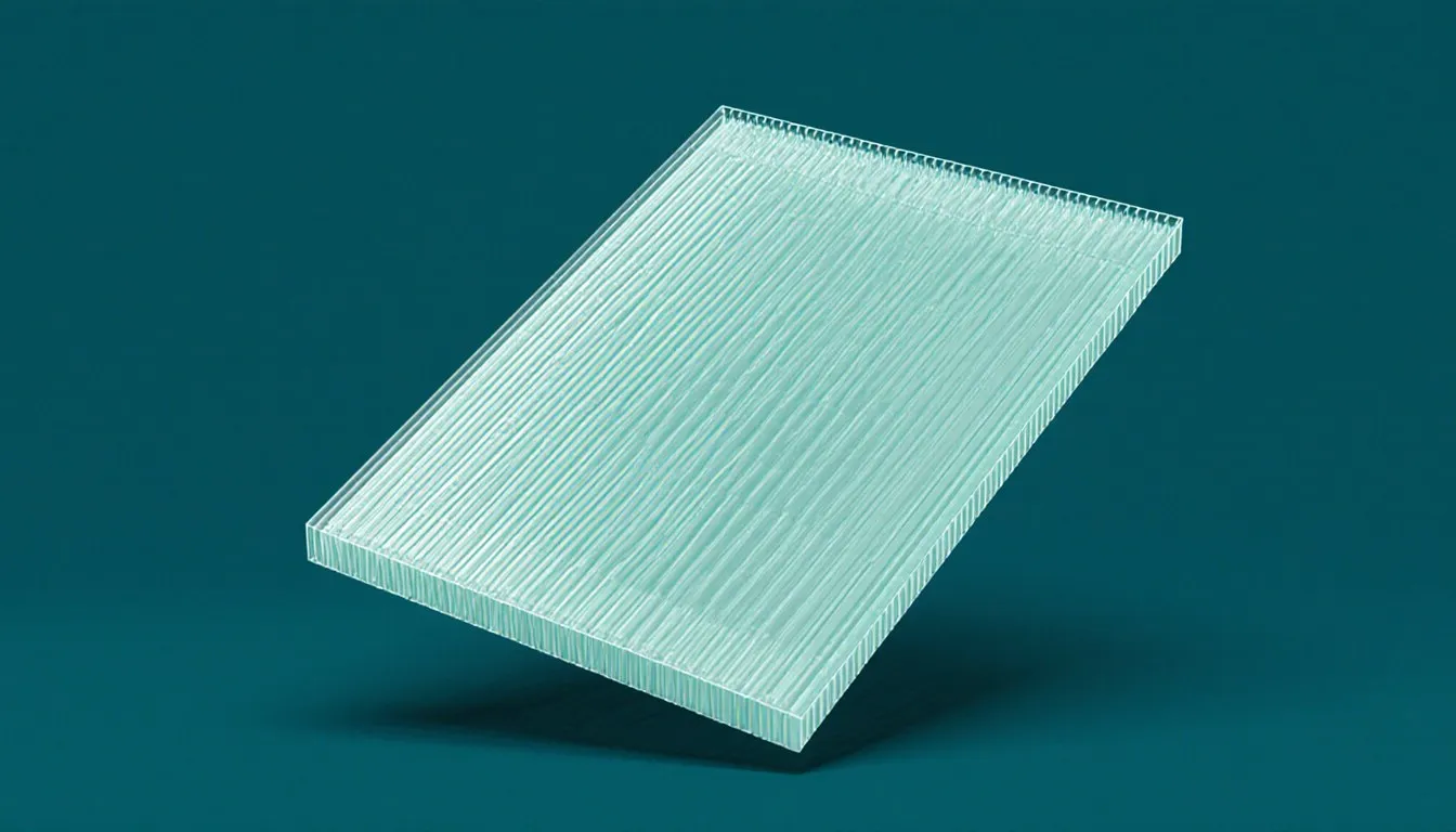 A ridged lenticular lens sheet tilted to catch the light, its cylindrical ridges revealing two interlaced images beneath the