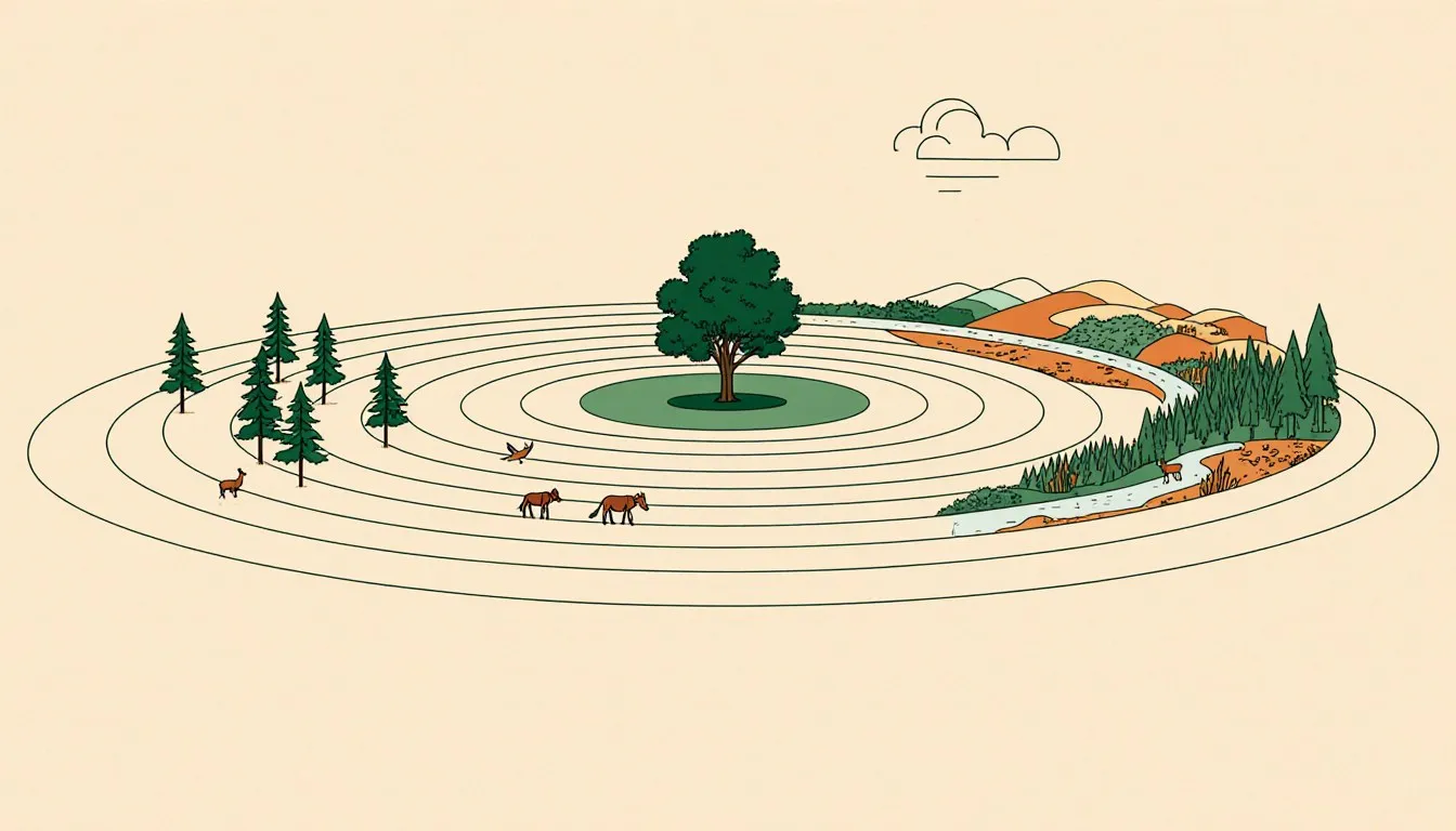 Concentric rings expanding from a single tree to a full forest landscape, illustrating nested levels of ecological