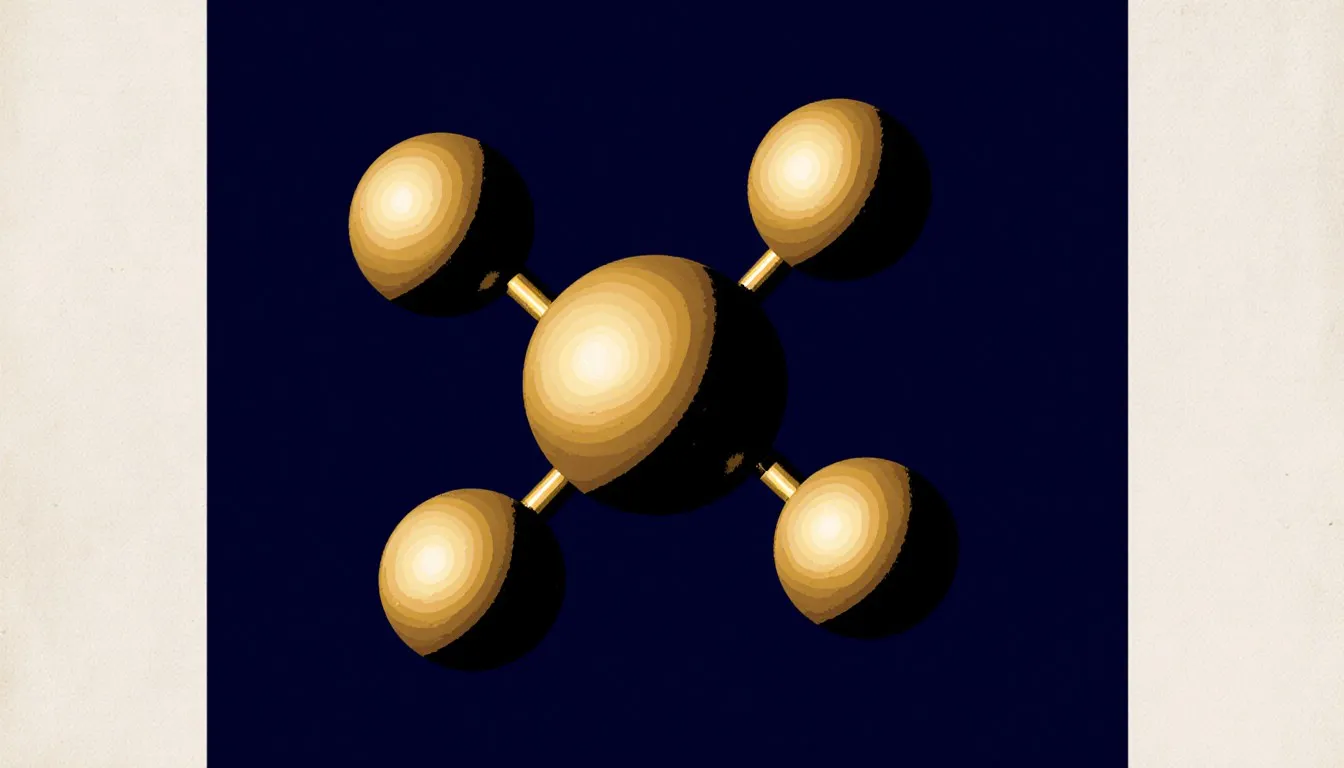 Symmetric tetrahedral molecule illustration showing a central atom bonded to four identical outer atoms, representing carbon