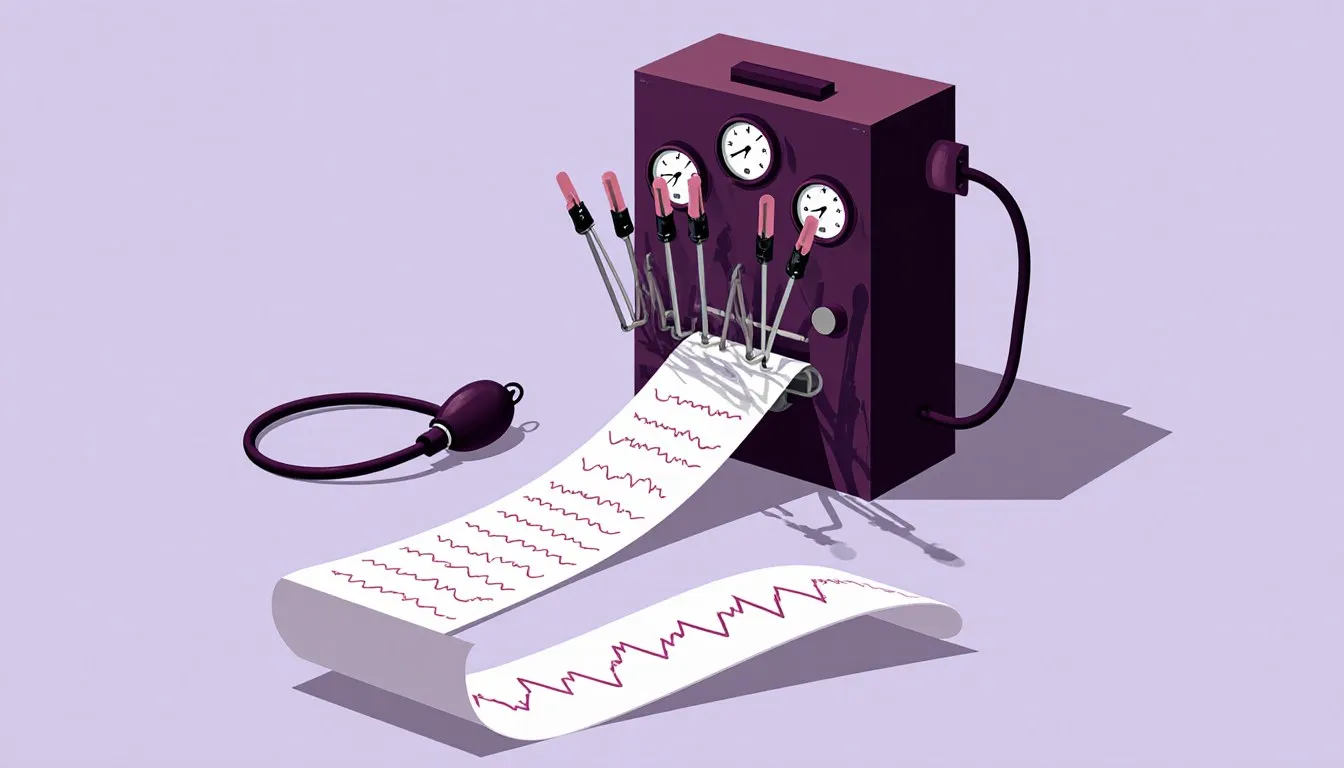 A polygraph machine with pens tracing jagged lines on unspooling paper, a blood pressure cuff coiled beside it