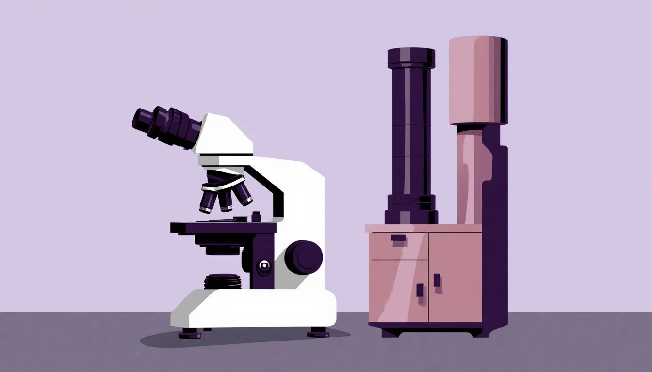 A classic light microscope beside a tall electron microscope column, shown side by side as distinct scientific instruments