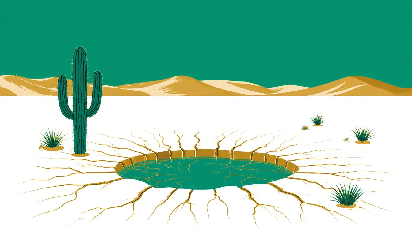 A shrinking desert waterhole ringed by cracked earth, with a lone cactus and sparse shrubs nearby